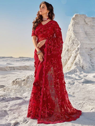 INDIAN EMBROIDERED 3D NET SAREE